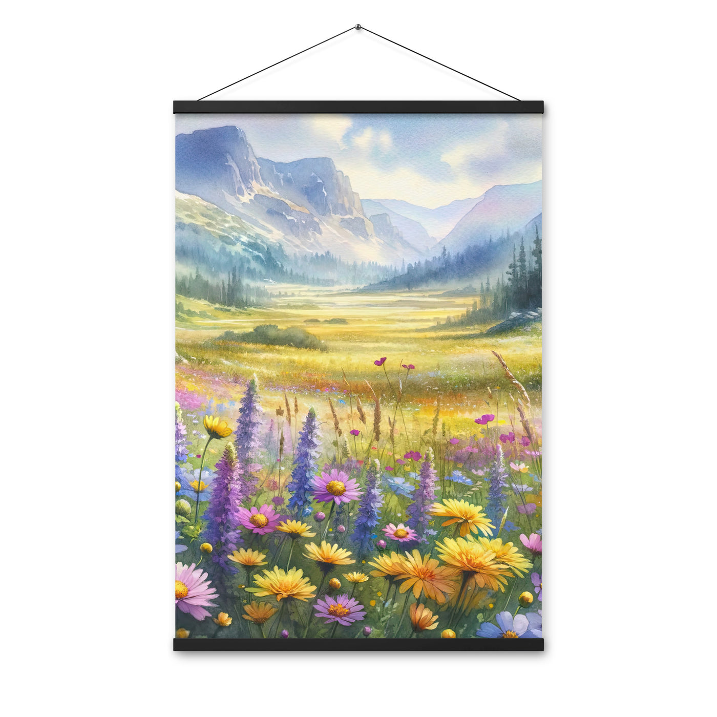 Aquarell einer Almwiese in Ruhe, Wildblumenteppich in Gelb, Lila, Rosa - Premium Poster mit Aufhängung berge xxx yyy zzz 61 x 91.4 cm