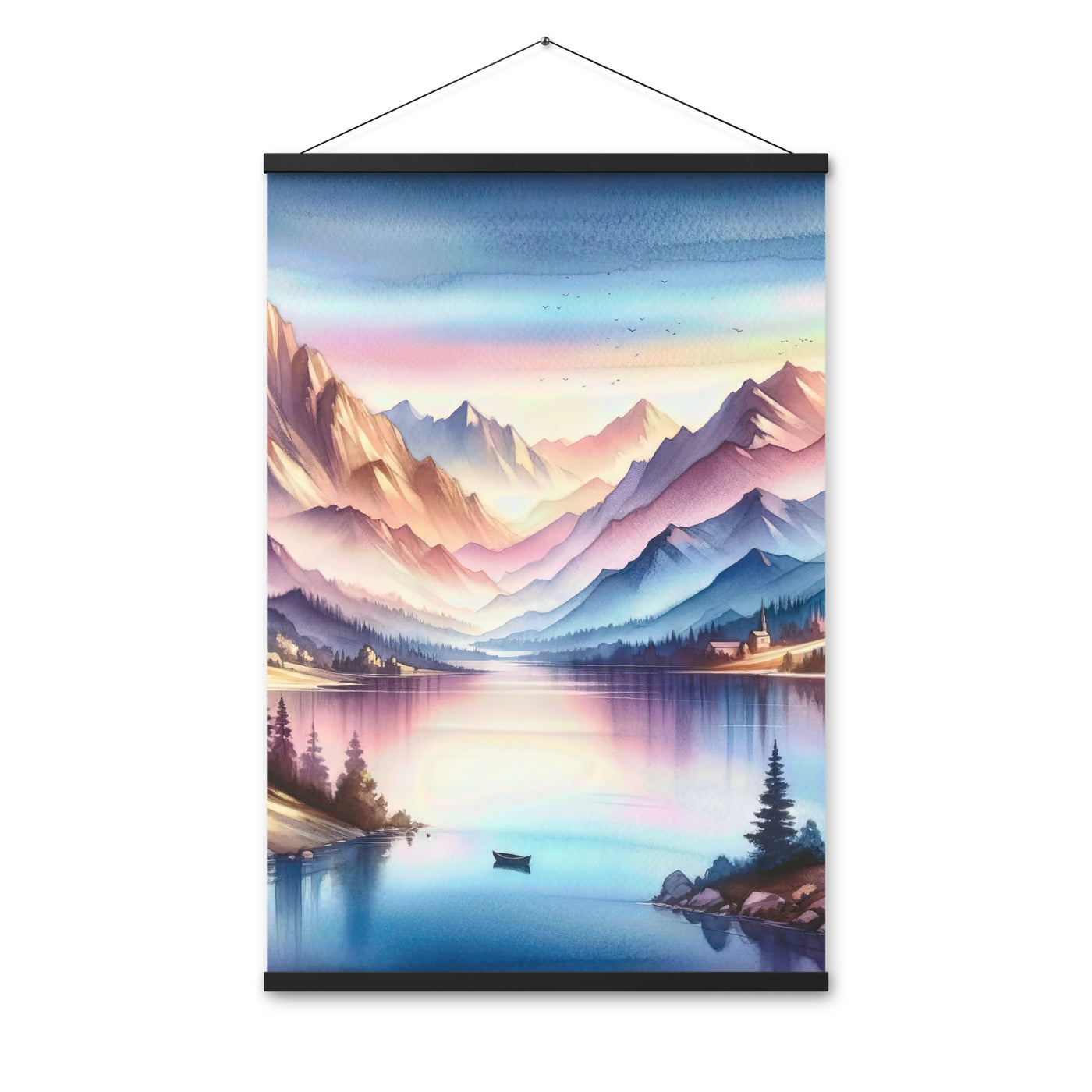 Aquarell einer Dämmerung in den Alpen, Boot auf einem See in Pastell-Licht - Premium Poster mit Aufhängung berge xxx yyy zzz 61 x 91.4 cm