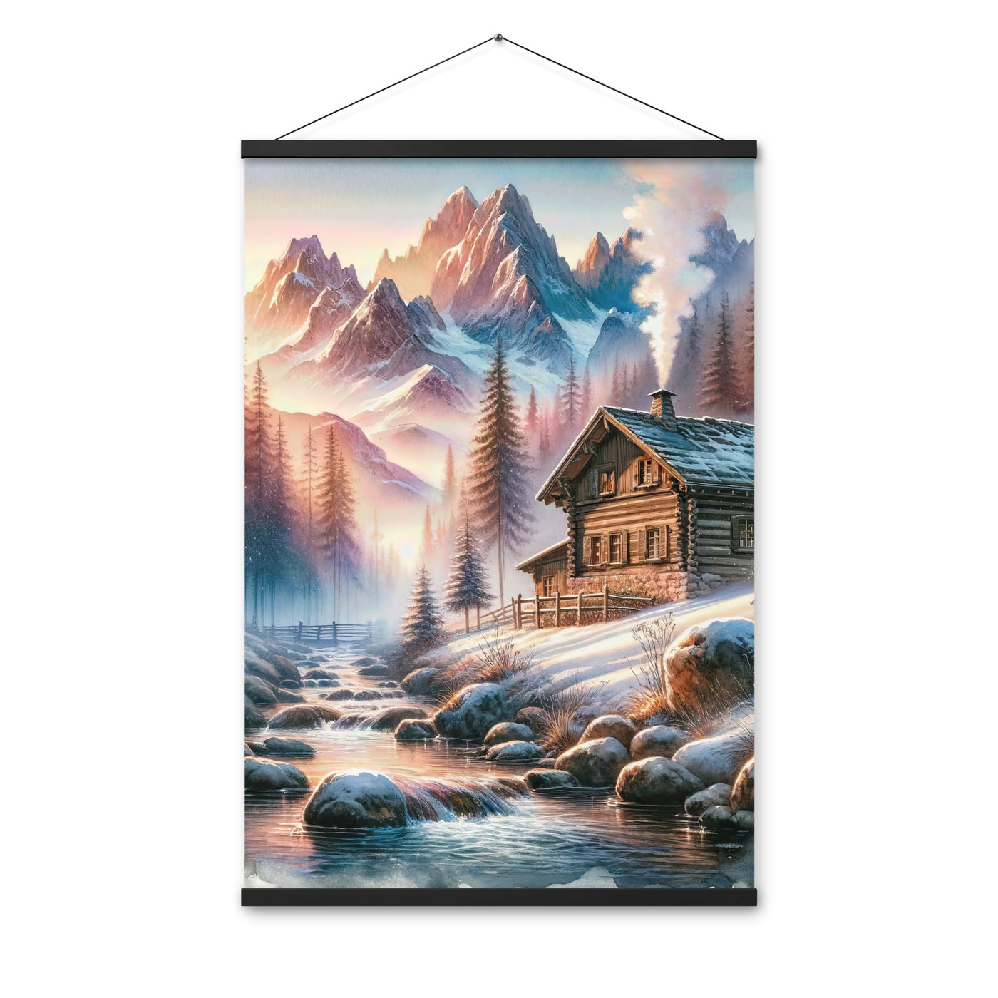 Aquarell einer Alpenszene im Morgengrauen, Haus in den Bergen - Premium Poster mit Aufhängung berge xxx yyy zzz 61 x 91.4 cm