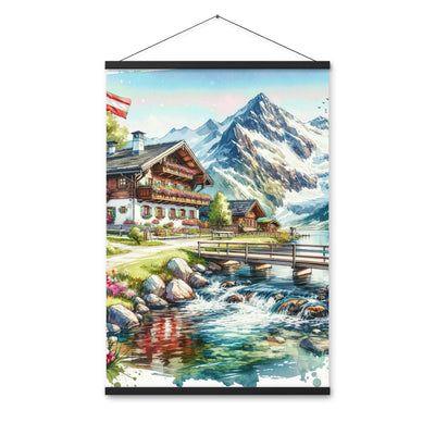 Aquarell der frühlingshaften Alpenkette mit österreichischer Flagge und schmelzendem Schnee - Enhanced Matte Paper Poster With Hanger berge xxx yyy zzz 61 x 91.4 cm