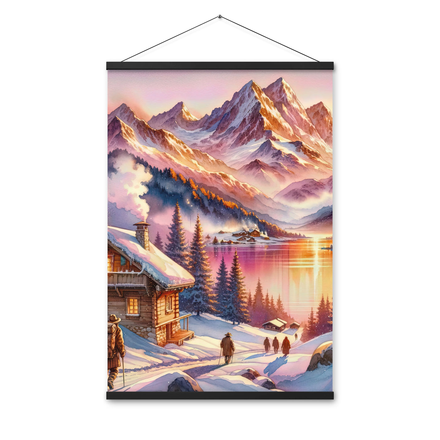 Aquarell eines Alpenpanoramas mit Wanderern bei Sonnenuntergang in Rosa und Gold - Premium Poster mit Aufhängung wandern xxx yyy zzz 61 x 91.4 cm