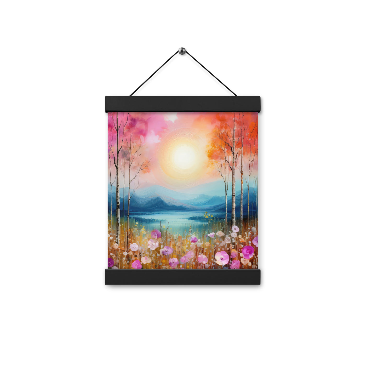 Berge, See, pinke Bäume und Blumen - Malerei - Premium Poster mit Aufhängung berge xxx 20.3 x 25.4 cm