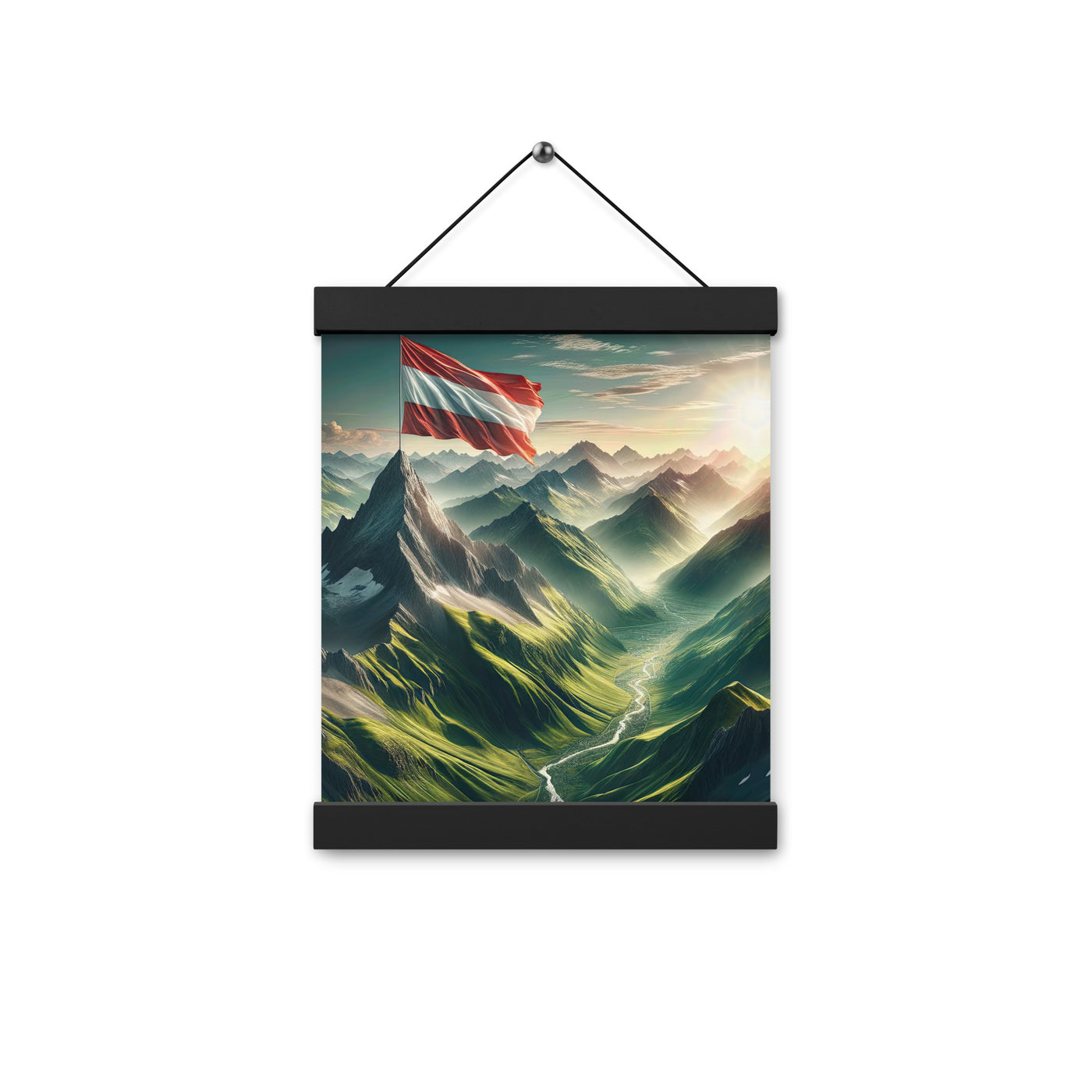 Alpen Gebirge: Fotorealistische Bergfläche mit Österreichischer Flagge - Premium Poster mit Aufhängung berge xxx yyy zzz 20.3 x 25.4 cm