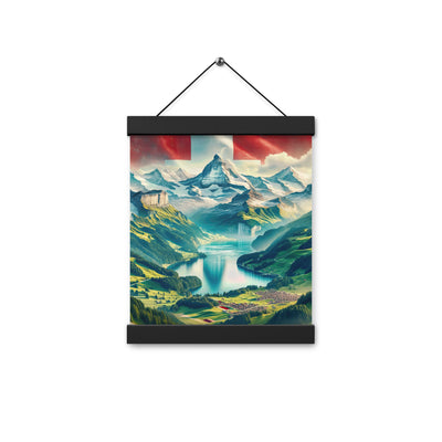 Berg Panorama: Schneeberge und Täler mit Schweizer Flagge - Premium Poster mit Aufhängung berge xxx yyy zzz 20.3 x 25.4 cm