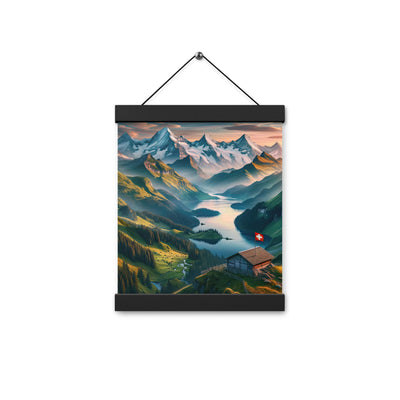 Schweizer Flagge, Alpenidylle: Dämmerlicht, epische Berge und stille Gewässer - Premium Poster mit Aufhängung berge xxx yyy zzz 20.3 x 25.4 cm