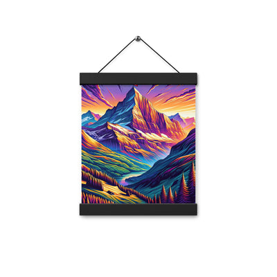 Bergpracht mit Schweizer Flagge: Farbenfrohe Illustration einer Berglandschaft - Premium Poster mit Aufhängung berge xxx yyy zzz 20.3 x 25.4 cm