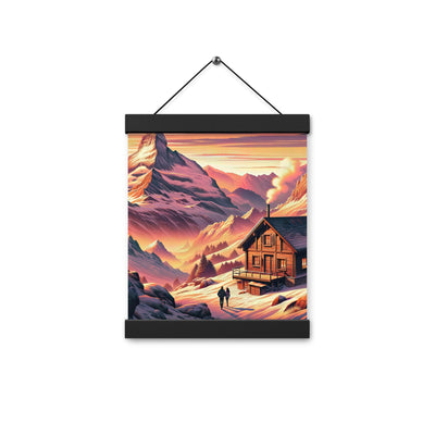 Berghütte im goldenen Sonnenuntergang: Digitale Alpenillustration - Premium Poster mit Aufhängung berge xxx yyy zzz 20.3 x 25.4 cm