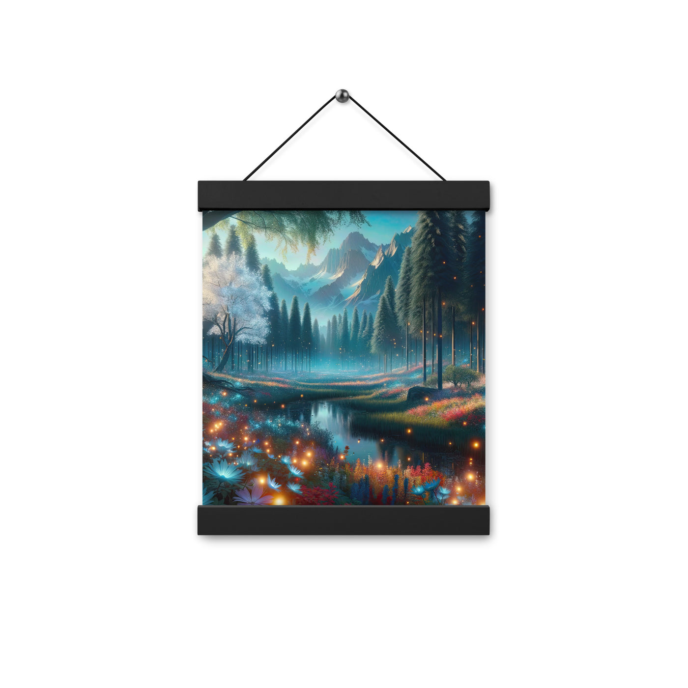 Ätherischer Alpenwald: Digitale Darstellung mit leuchtenden Bäumen und Blumen - Premium Poster mit Aufhängung camping xxx yyy zzz 20.3 x 25.4 cm