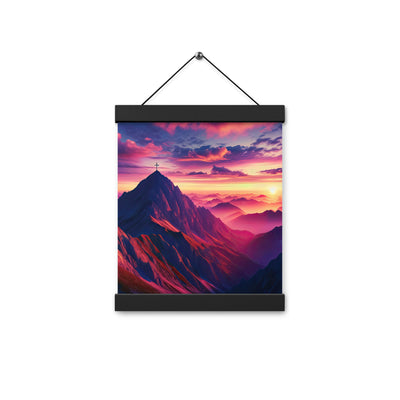 Dramatischer Alpen-Sonnenaufgang, Gipfelkreuz und warme Himmelsfarben - Premium Poster mit Aufhängung berge xxx yyy zzz 20.3 x 25.4 cm