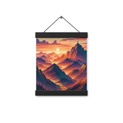 Dramatischer Alpen-Sonnenuntergang, Gipfelkreuz in Orange-Rosa - Premium Poster mit Aufhängung berge xxx yyy zzz 20.3 x 25.4 cm