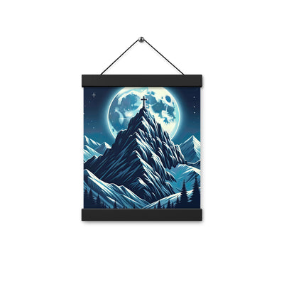 Mondnacht und Gipfelkreuz in den Alpen, glitzernde Schneegipfel - Premium Poster mit Aufhängung berge xxx yyy zzz 20.3 x 25.4 cm