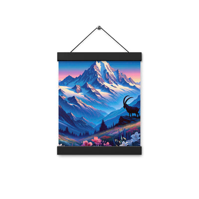 Steinbock bei Dämmerung in den Alpen, sonnengeküsste Schneegipfel - Premium Poster mit Aufhängung berge xxx yyy zzz 20.3 x 25.4 cm