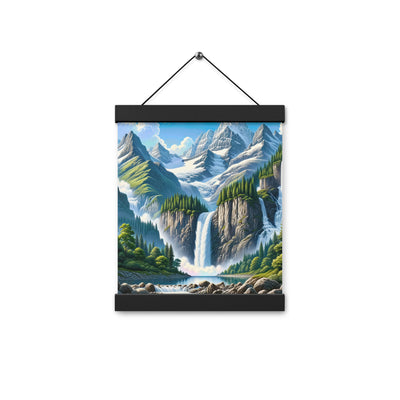 Illustration einer unberührten Alpenkulisse im Hochsommer. Wasserfall und See - Premium Poster mit Aufhängung berge xxx yyy zzz 20.3 x 25.4 cm