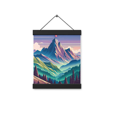 Harmonische Berglandschaft mit Schweizer Flagge auf Gipfel - Premium Poster mit Aufhängung berge xxx yyy zzz 20.3 x 25.4 cm
