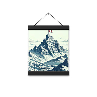 Ausgedehnte Bergkette mit dominierendem Gipfel und wehender Schweizer Flagge - Premium Poster mit Aufhängung berge xxx yyy zzz 20.3 x 25.4 cm