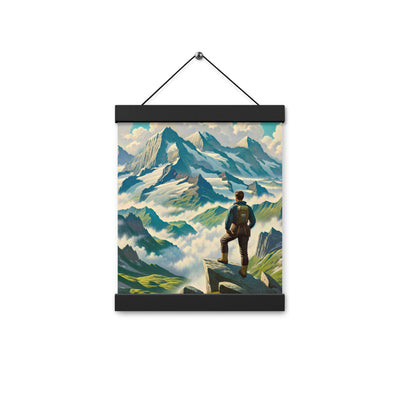 Panoramablick der Alpen mit Wanderer auf einem Hügel und schroffen Gipfeln - Premium Poster mit Aufhängung wandern xxx yyy zzz 20.3 x 25.4 cm