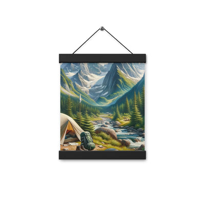 Ölgemälde der Alpensommerlandschaft mit Zelt, Gipfeln, Wäldern und Bächen - Premium Poster mit Aufhängung camping xxx yyy zzz 20.3 x 25.4 cm