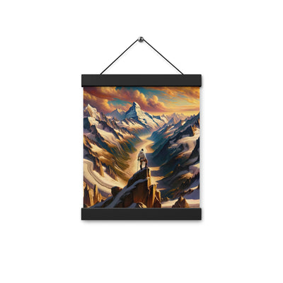 Ölgemälde eines Wanderers auf einem Hügel mit Panoramablick auf schneebedeckte Alpen und goldenen Himmel - Enhanced Matte Paper Poster wandern xxx yyy zzz 20.3 x 25.4 cm