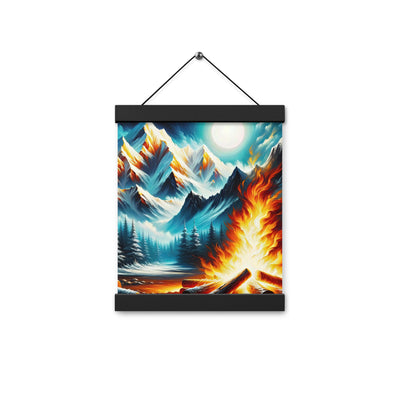 Ölgemälde von Feuer und Eis: Lagerfeuer und Alpen im Kontrast, warme Flammen - Premium Poster mit Aufhängung camping xxx yyy zzz 20.3 x 25.4 cm