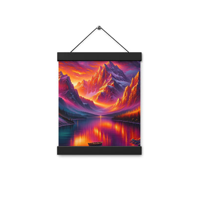 Ölgemälde eines Bootes auf einem Bergsee bei Sonnenuntergang, lebendige Orange-Lila Töne - Premium Poster mit Aufhängung berge xxx yyy zzz 20.3 x 25.4 cm