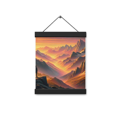 Ölgemälde der Alpen in der goldenen Stunde mit Wanderer, Orange-Rosa Bergpanorama - Premium Poster mit Aufhängung wandern xxx yyy zzz 20.3 x 25.4 cm