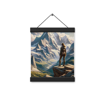 Ölgemälde der Alpengipfel mit Schweizer Abenteurerin auf Felsvorsprung - Premium Poster mit Aufhängung wandern xxx yyy zzz 20.3 x 25.4 cm
