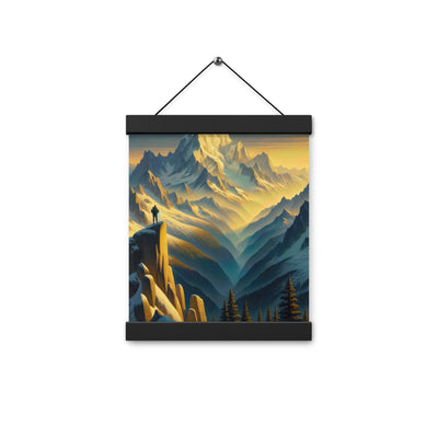 Ölgemälde eines Wanderers bei Morgendämmerung auf Alpengipfeln mit goldenem Sonnenlicht - Premium Poster mit Aufhängung wandern xxx yyy zzz 20.3 x 25.4 cm