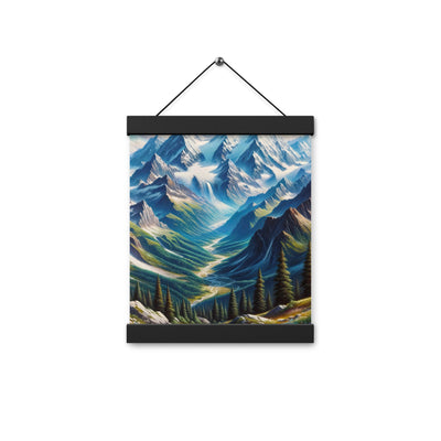 Panorama-Ölgemälde der Alpen mit schneebedeckten Gipfeln und schlängelnden Flusstälern - Premium Poster mit Aufhängung berge xxx yyy zzz 20.3 x 25.4 cm