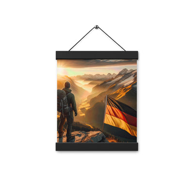 Foto der Alpen bei Sonnenuntergang mit deutscher Flagge und Wanderer, goldenes Licht auf Schneegipfeln - Enhanced Matte Paper Poster berge xxx yyy zzz 20.3 x 25.4 cm