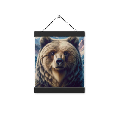 Foto eines Bären vor abstrakt gemalten Alpenbergen, Oberkörper im Fokus - Premium Poster mit Aufhängung camping xxx yyy zzz 20.3 x 25.4 cm