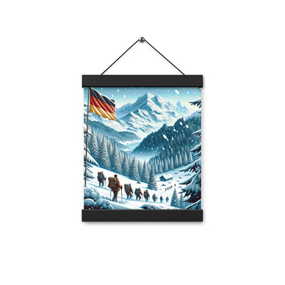 Quadratische Winterillustration der Alpen mit deutscher Flagge und Wanderteam - Premium Poster mit Aufhängung wandern xxx yyy zzz 20.3 x 25.4 cm