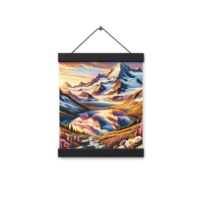 Quadratische Illustration der Alpen mit schneebedeckten Gipfeln und Wildblumen - Premium Poster mit Aufhängung berge xxx yyy zzz 20.3 x 25.4 cm