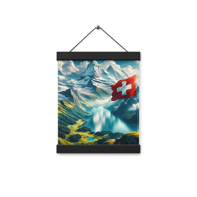 Ultraepische, fotorealistische Darstellung der Schweizer Alpenlandschaft mit Schweizer Flagge - Enhanced Matte Paper Poster With Hanger berge xxx yyy zzz 20.3 x 25.4 cm