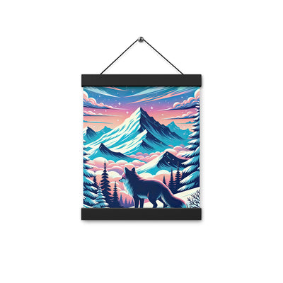 Vektorgrafik eines alpinen Winterwunderlandes mit schneebedeckten Kiefern und einem Fuchs - Premium Poster mit Aufhängung camping xxx yyy zzz 20.3 x 25.4 cm