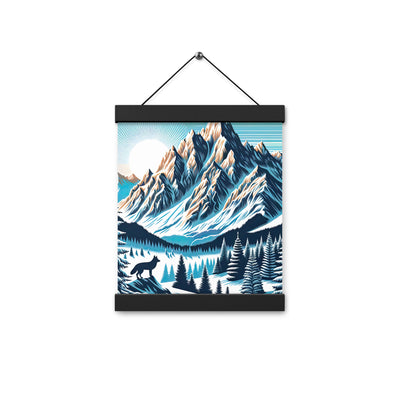 Vektorgrafik eines Wolfes im winterlichen Alpenmorgen, Berge mit Schnee- und Felsmustern - Premium Poster mit Aufhängung berge xxx yyy zzz 20.3 x 25.4 cm