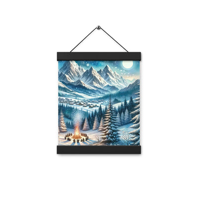 Aquarell eines Winterabends in den Alpen mit Lagerfeuer und Wanderern, glitzernder Neuschnee - Enhanced Matte Paper Poster With Hanger camping xxx yyy zzz 20.3 x 25.4 cm