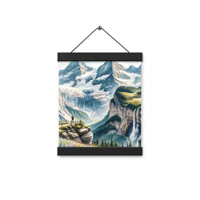 Aquarell-Panoramablick der Alpen mit schneebedeckten Gipfeln, Wasserfällen und Wanderern - Premium Poster mit Aufhängung wandern xxx yyy zzz 20.3 x 25.4 cm