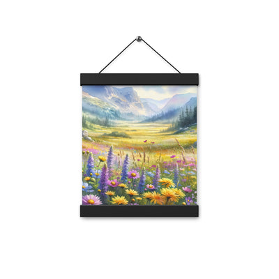 Aquarell einer Almwiese in Ruhe, Wildblumenteppich in Gelb, Lila, Rosa - Premium Poster mit Aufhängung berge xxx yyy zzz 20.3 x 25.4 cm