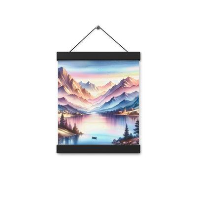 Aquarell einer Dämmerung in den Alpen, Boot auf einem See in Pastell-Licht - Premium Poster mit Aufhängung berge xxx yyy zzz 20.3 x 25.4 cm