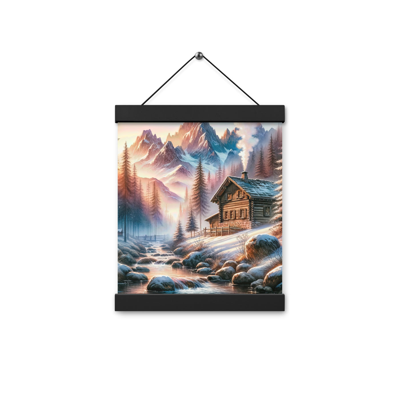 Aquarell einer Alpenszene im Morgengrauen, Haus in den Bergen - Premium Poster mit Aufhängung berge xxx yyy zzz 20.3 x 25.4 cm