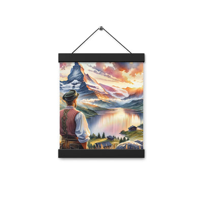 Aquarell einer Berglandschaft in der goldenen Stunde mit österreichischem Wanderer - Premium Poster mit Aufhängung wandern xxx yyy zzz 20.3 x 25.4 cm