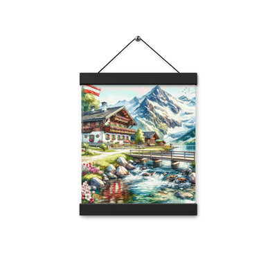 Aquarell der frühlingshaften Alpenkette mit österreichischer Flagge und schmelzendem Schnee - Enhanced Matte Paper Poster With Hanger berge xxx yyy zzz 20.3 x 25.4 cm