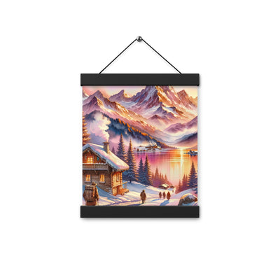 Aquarell eines Alpenpanoramas mit Wanderern bei Sonnenuntergang in Rosa und Gold - Premium Poster mit Aufhängung wandern xxx yyy zzz 20.3 x 25.4 cm