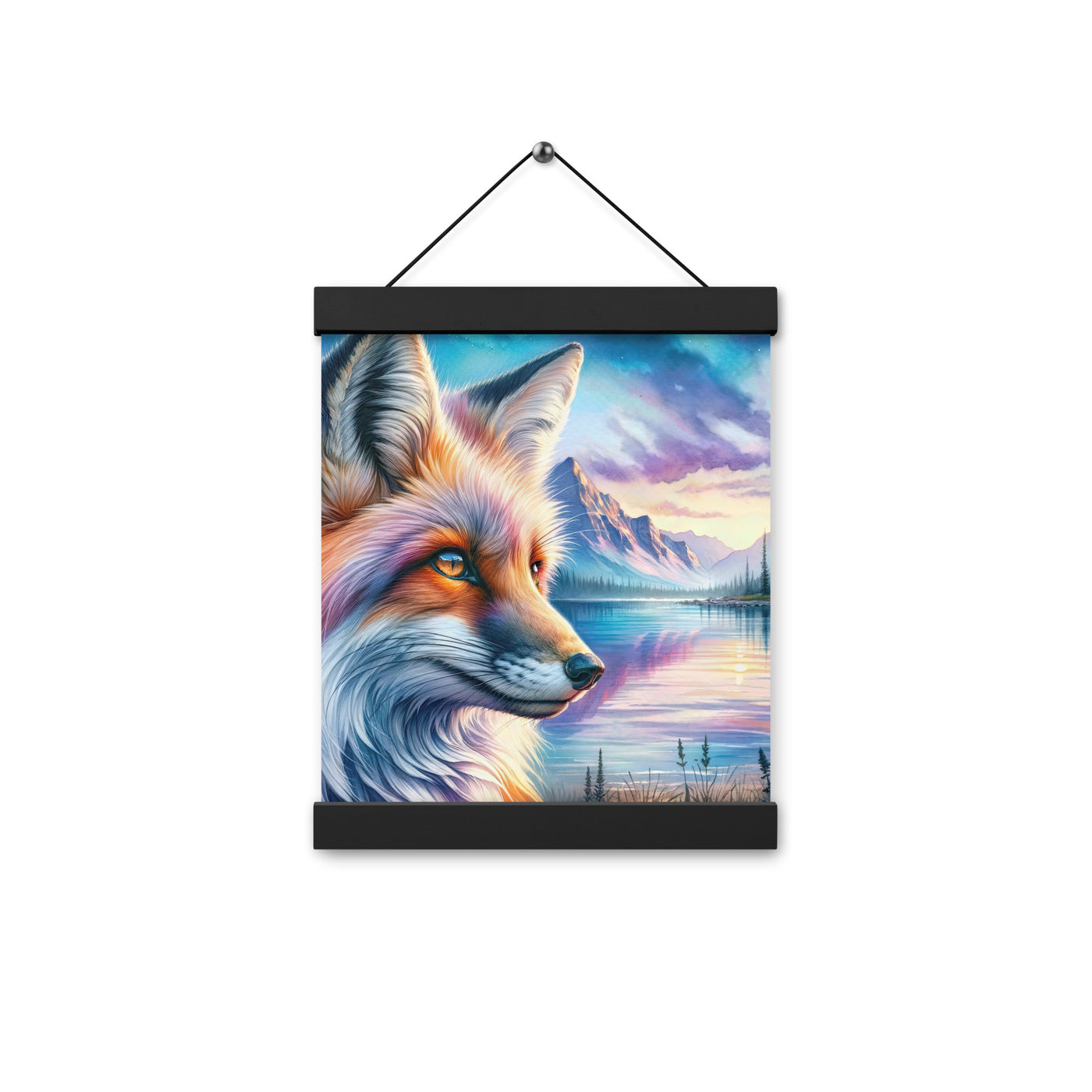 Aquarellporträt eines Fuchses im Dämmerlicht am Bergsee - Premium Poster mit Aufhängung camping xxx yyy zzz 20.3 x 25.4 cm