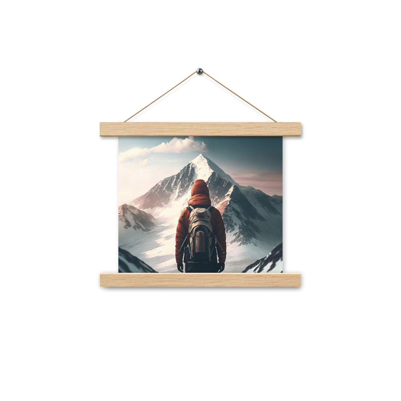 Wanderer von hinten vor einem Berg - Malerei - Premium Poster mit Aufhängung berge xxx Oak 25.4 x 25.4 cm