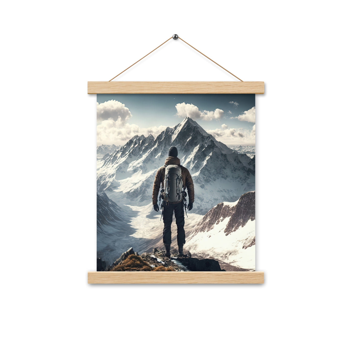 Wanderer auf Berg von hinten - Malerei - Premium Poster mit Aufhängung berge xxx Oak 27.9 x 35.6 cm
