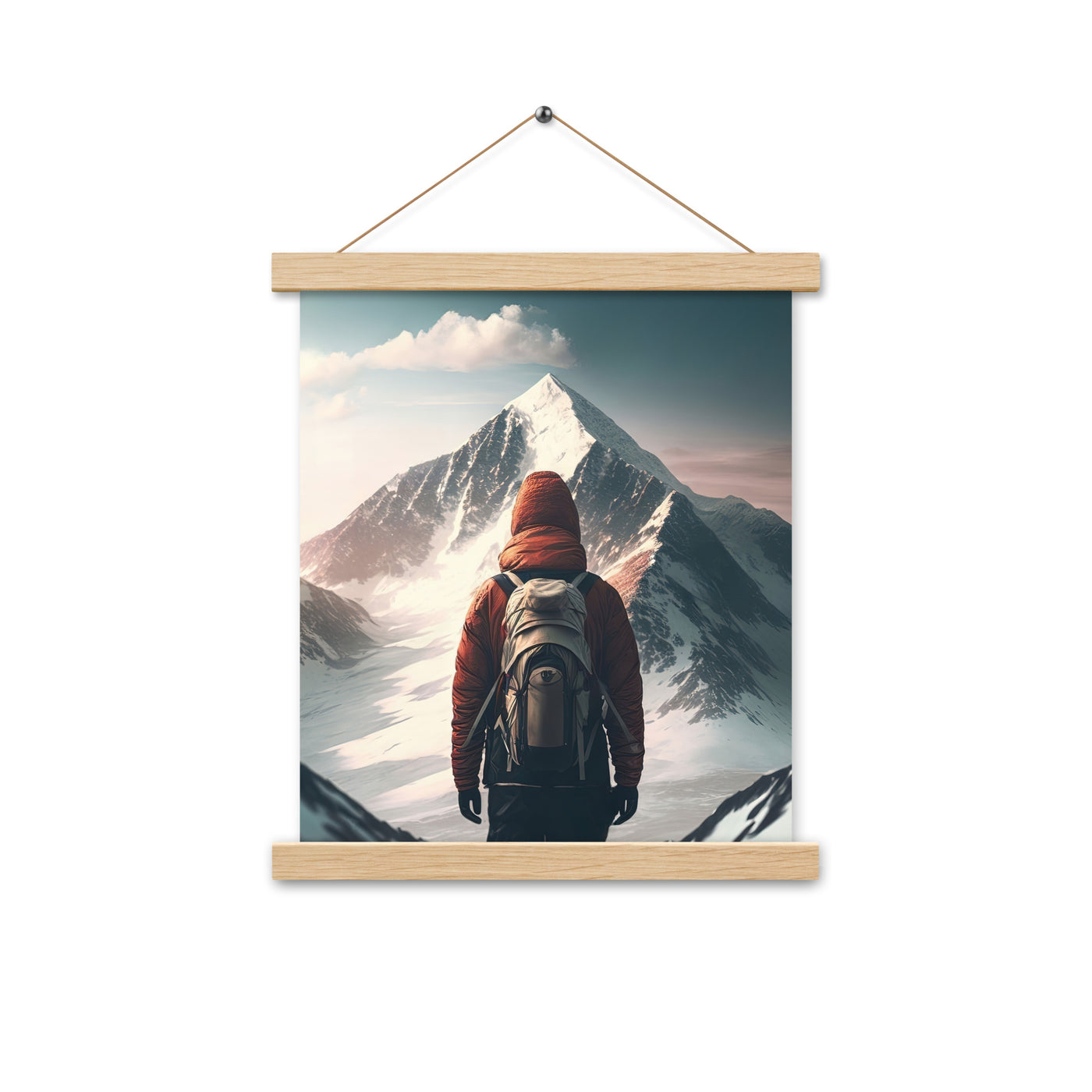 Wanderer von hinten vor einem Berg - Malerei - Premium Poster mit Aufhängung berge xxx Oak 27.9 x 35.6 cm
