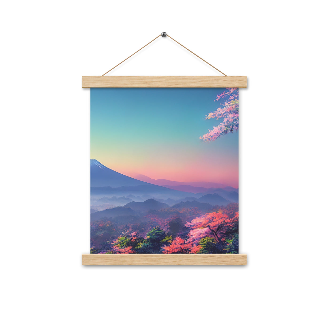Berg und Wald mit pinken Bäumen - Landschaftsmalerei - Premium Poster mit Aufhängung berge xxx Oak 27.9 x 35.6 cm