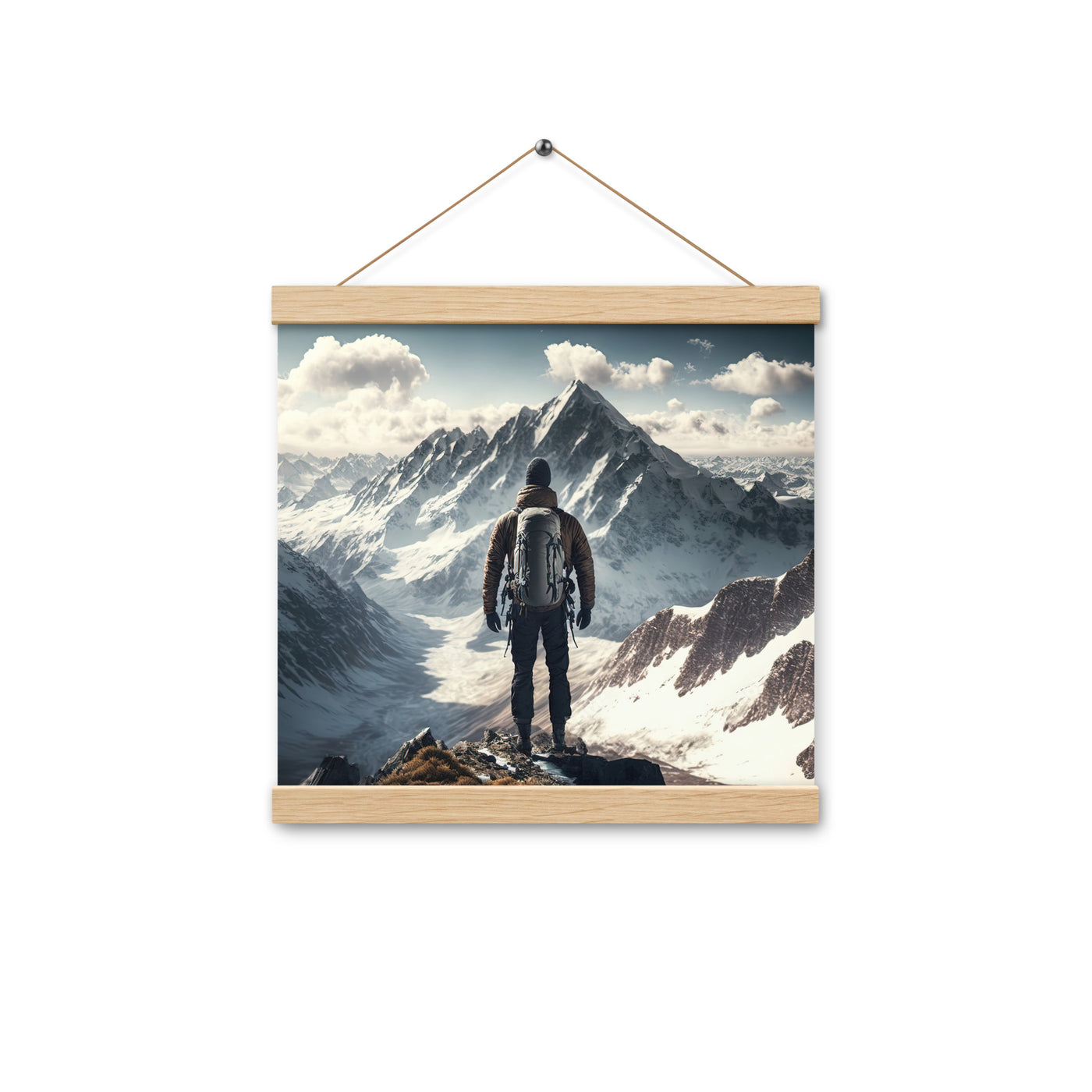 Wanderer auf Berg von hinten - Malerei - Premium Poster mit Aufhängung berge xxx Oak 30.5 x 30.5 cm