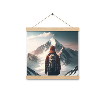 Wanderer von hinten vor einem Berg - Malerei - Premium Poster mit Aufhängung berge xxx Oak 30.5 x 30.5 cm